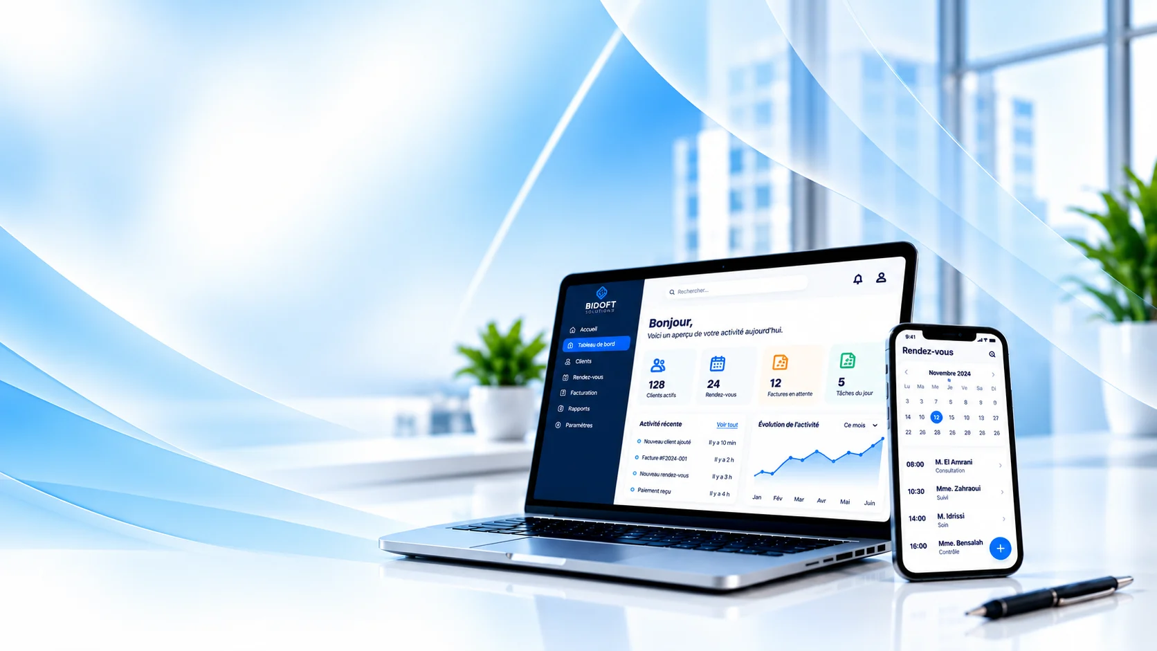 Bidoft management dashboard shown on a laptop and phone